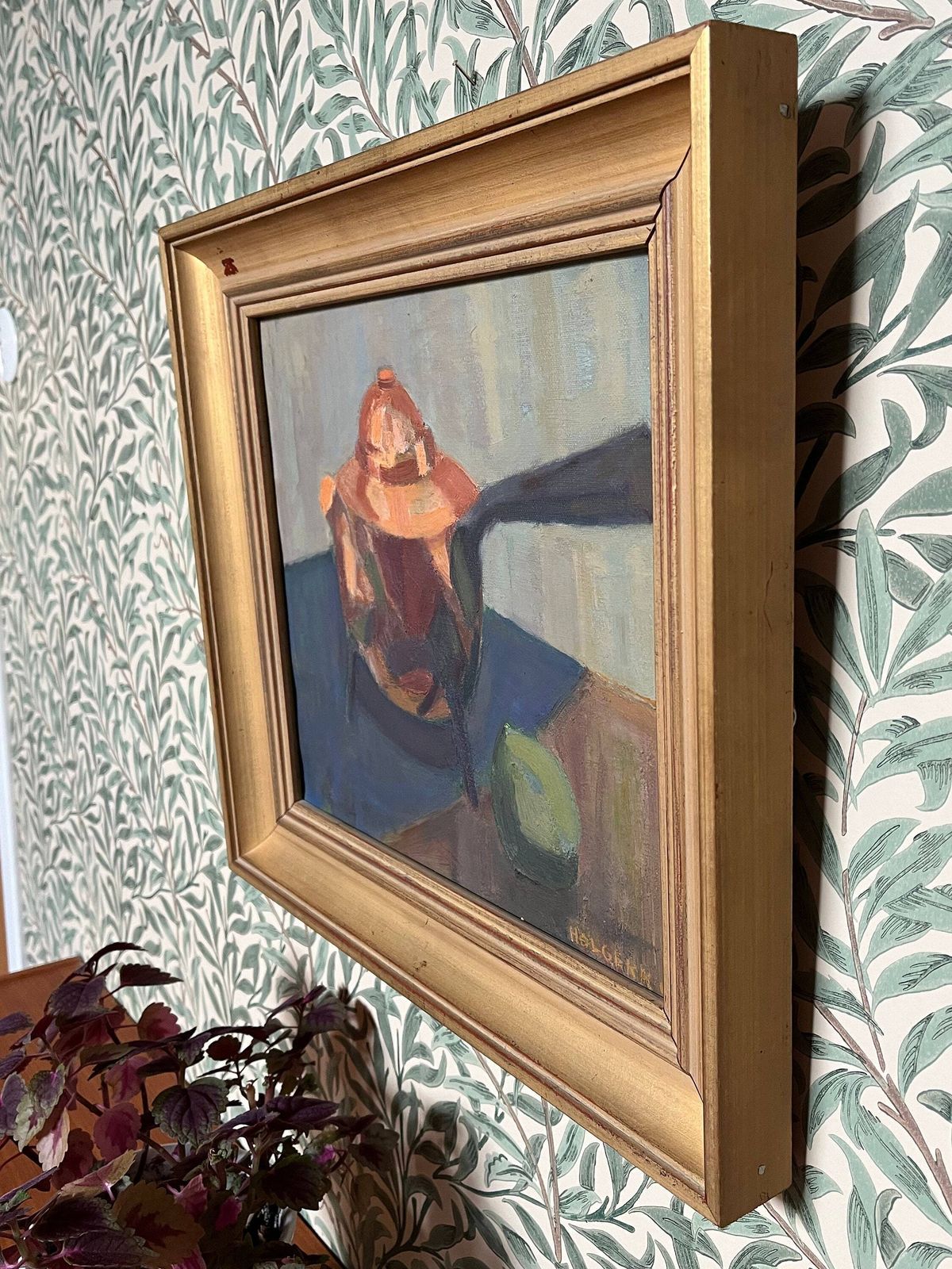 Copper Coffee Pot And Fruit, 1946, Swedish Listed Artist Holger Karlsson Oil Painting On Streched Canvas photo vintage