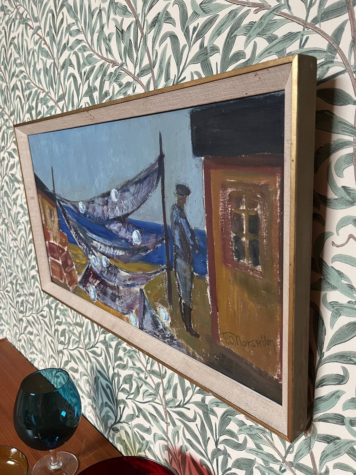 Fisherman With Nets,  1940s 1950s, Swedish Artist P O Norström.  Oil Painting On Streched Canvas photo vinterior