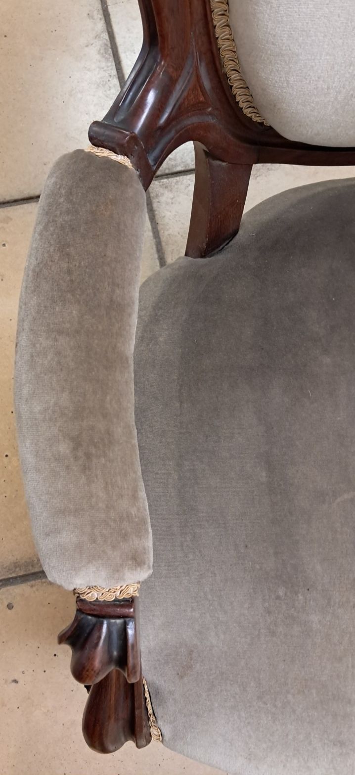 photo furniture Victorian Mahogany Parlour Armchair Upholstered In Grey Velvet With Castors