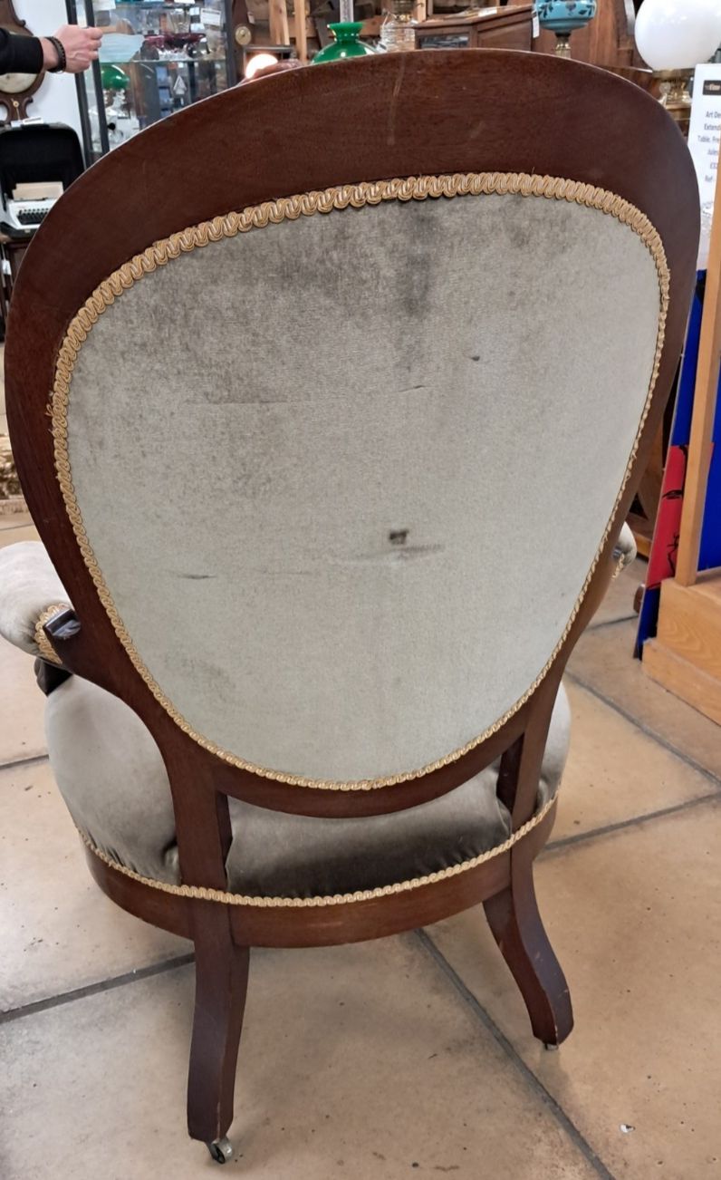 Furniture Victorian Mahogany Parlour Armchair Upholstered In Grey Velvet With Castors photo