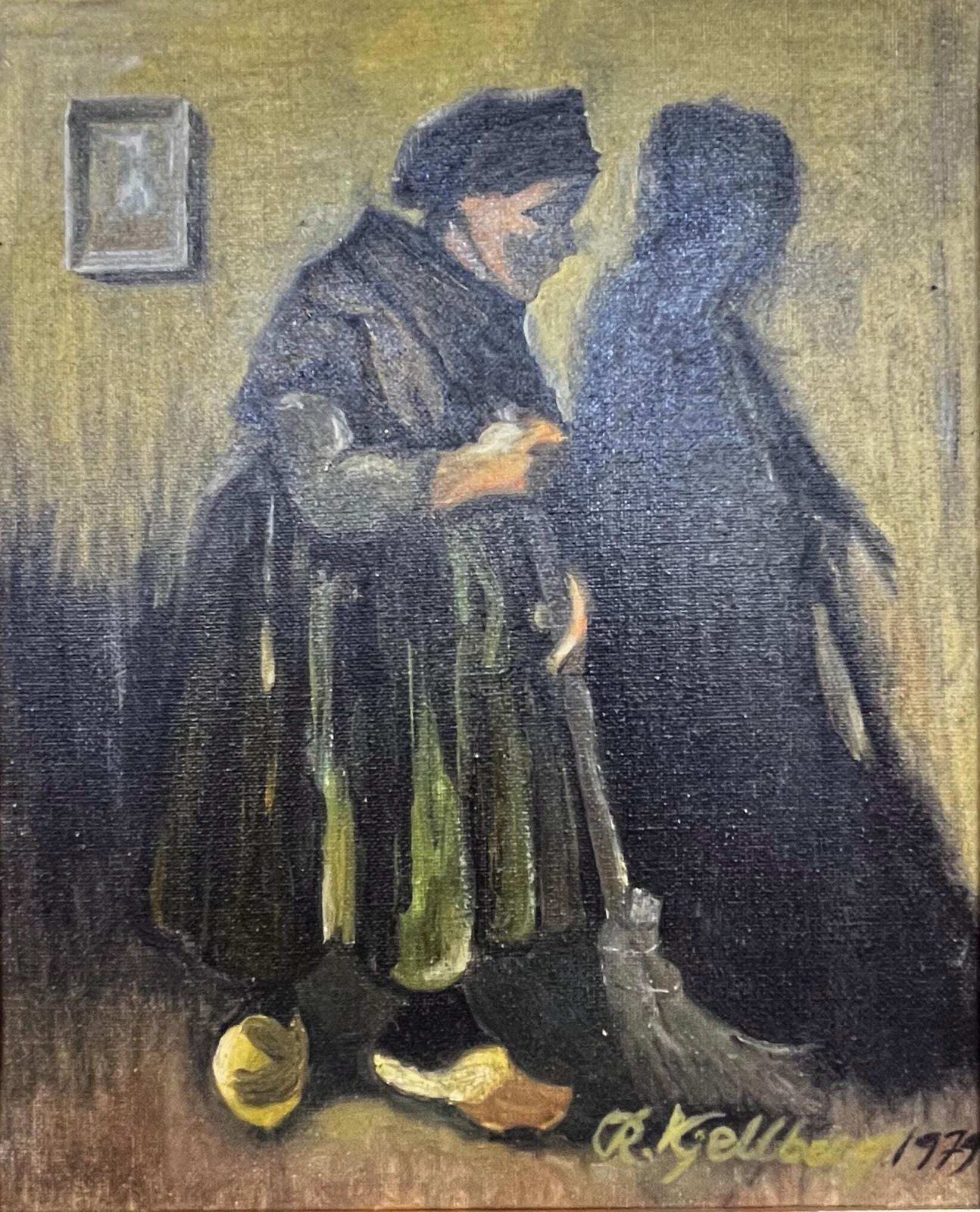 Woman Sweeping, 1970s, Signed L Kjellberg, Oil On Canvas photo vinterior