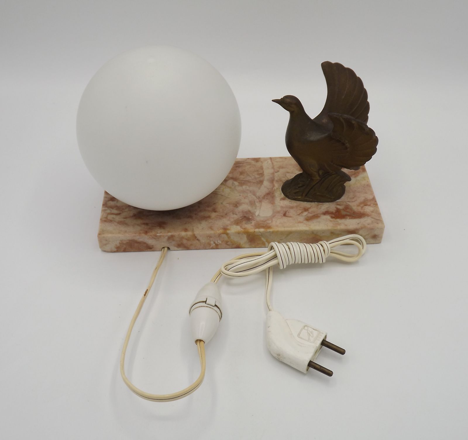 Vintage French Art Deco Bird Lamp With Marble Base White Ball Shade. Vintage French Lighting. Art Deco Table Lamp. Art Deco Bedside Lamp. photo for sale