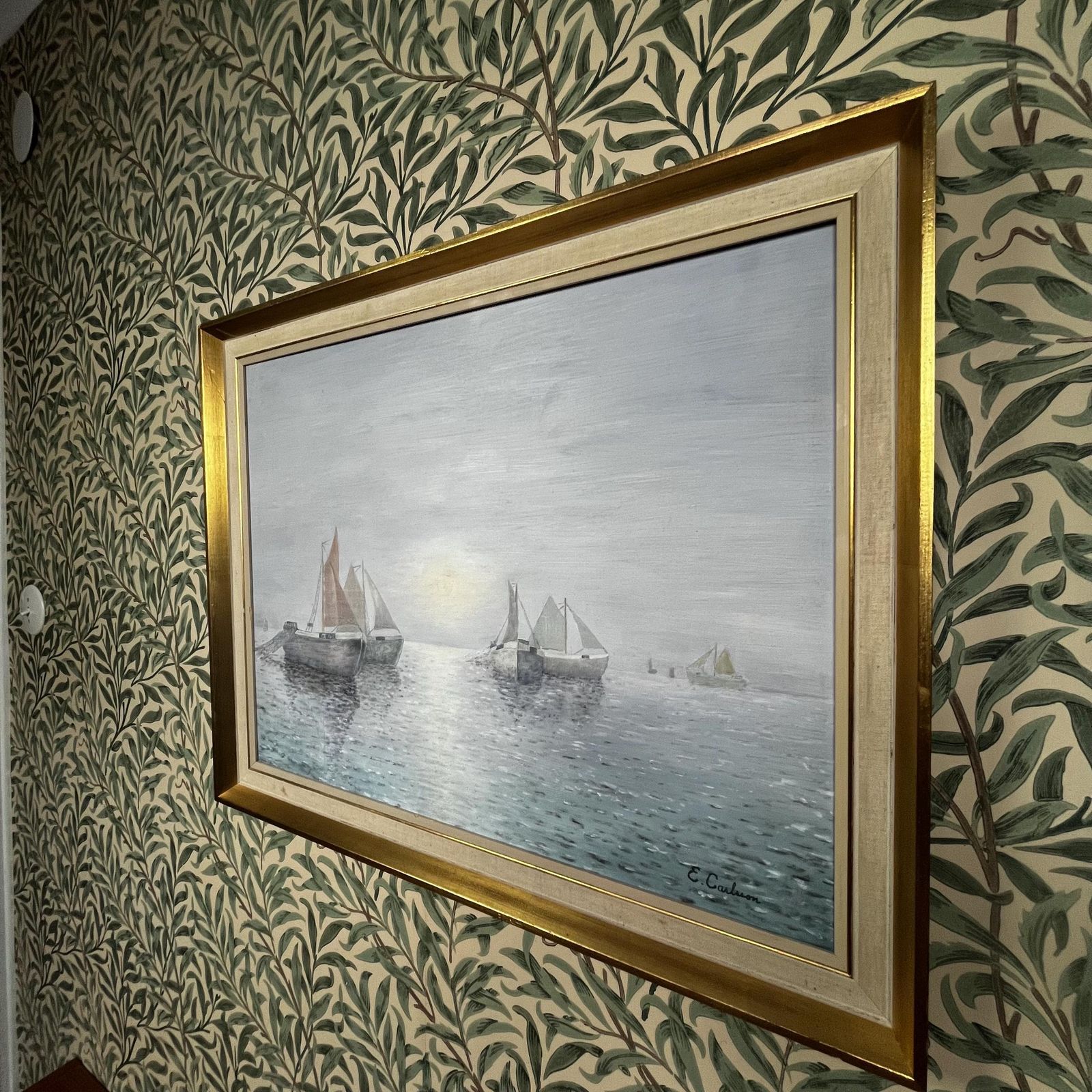 Fishing Fleet In Dawn Light, 1960s, Swedish Artist E Carlsson, Oil Painting On Board photo 225.0