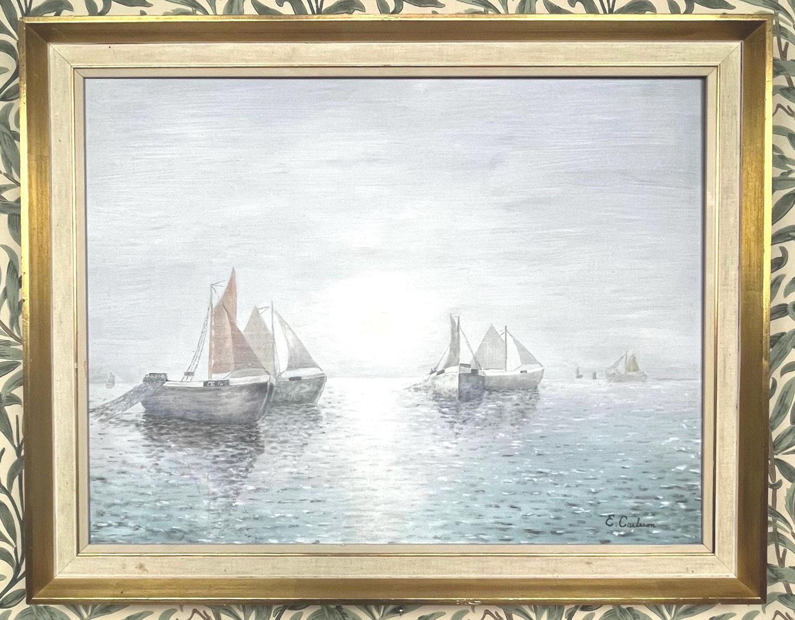 Fishing Fleet In Dawn Light, 1960s, Swedish Artist E Carlsson, Oil Painting On Board photo vinterior