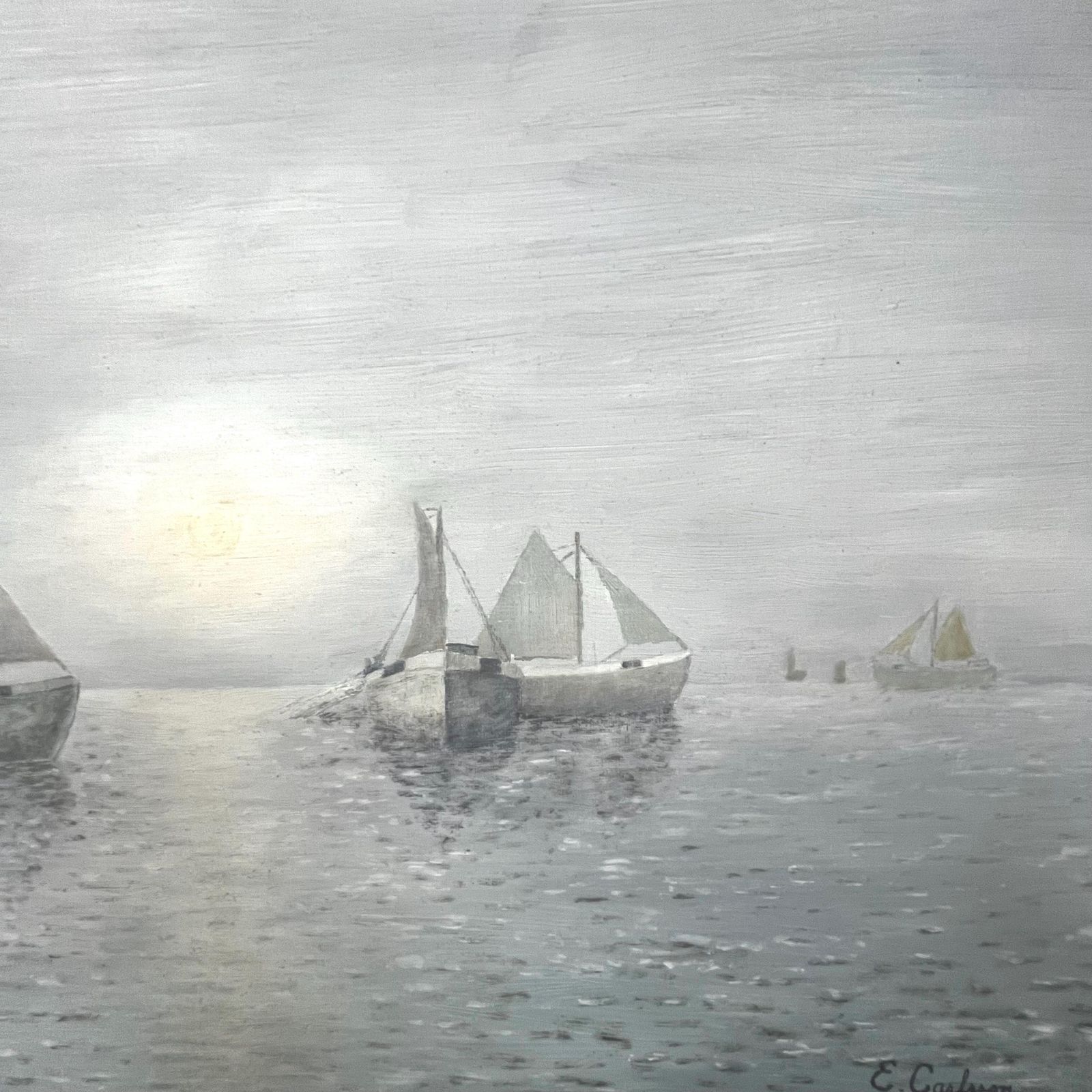 Fishing Fleet In Dawn Light, 1960s, Swedish Artist E Carlsson, Oil Painting On Board photo vintage