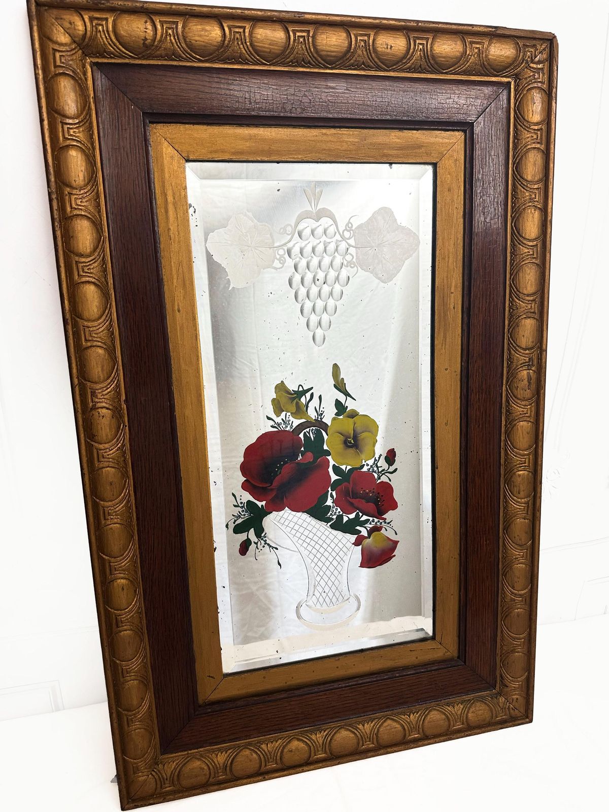 Unique Pair Of Edwardian Antique Italian Venetian Carved Reverse Painted Floral Mirrors 1901 1910 photo for sale