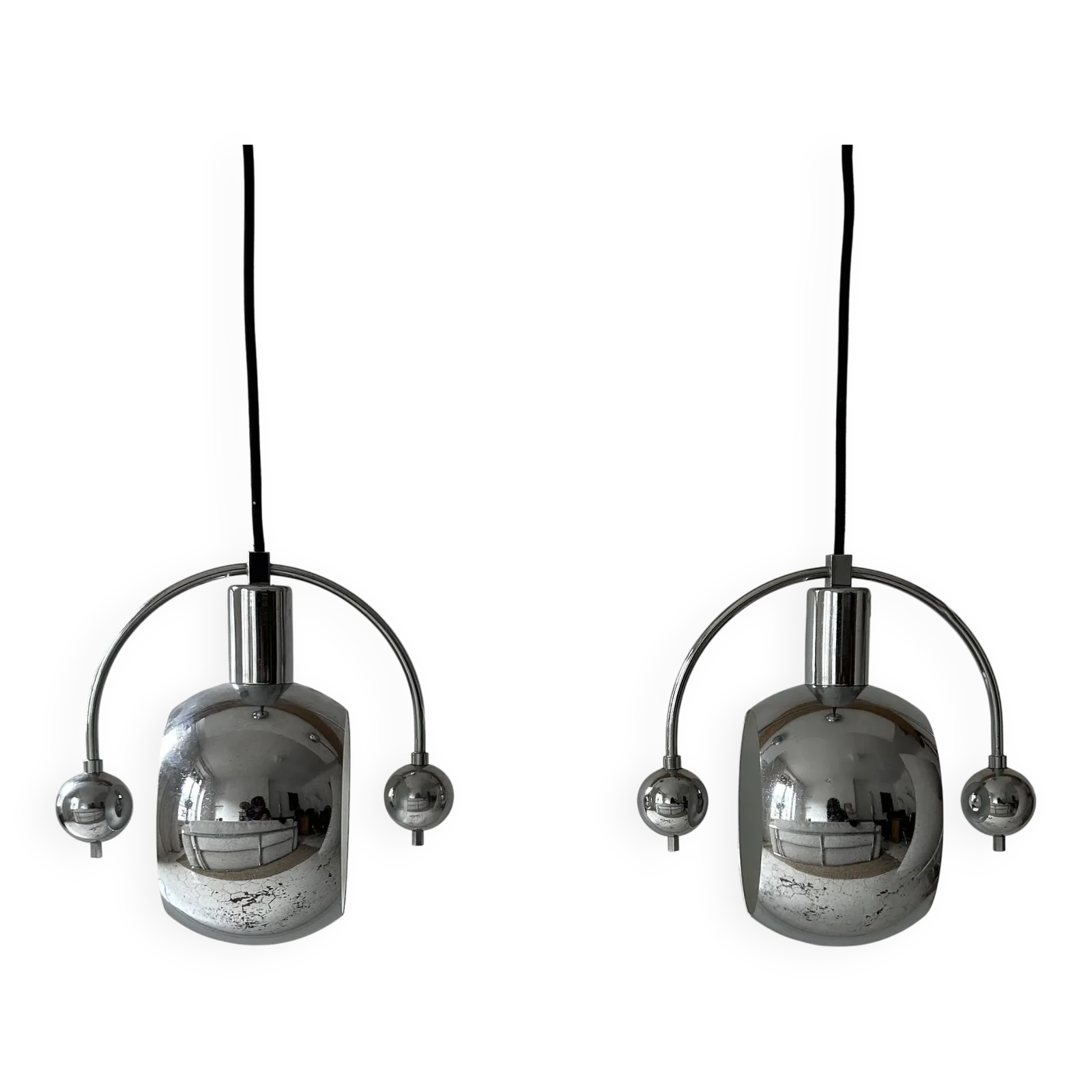 Pair Of Vintage Pendant Lights, Chrome Plated Metal, France 1960