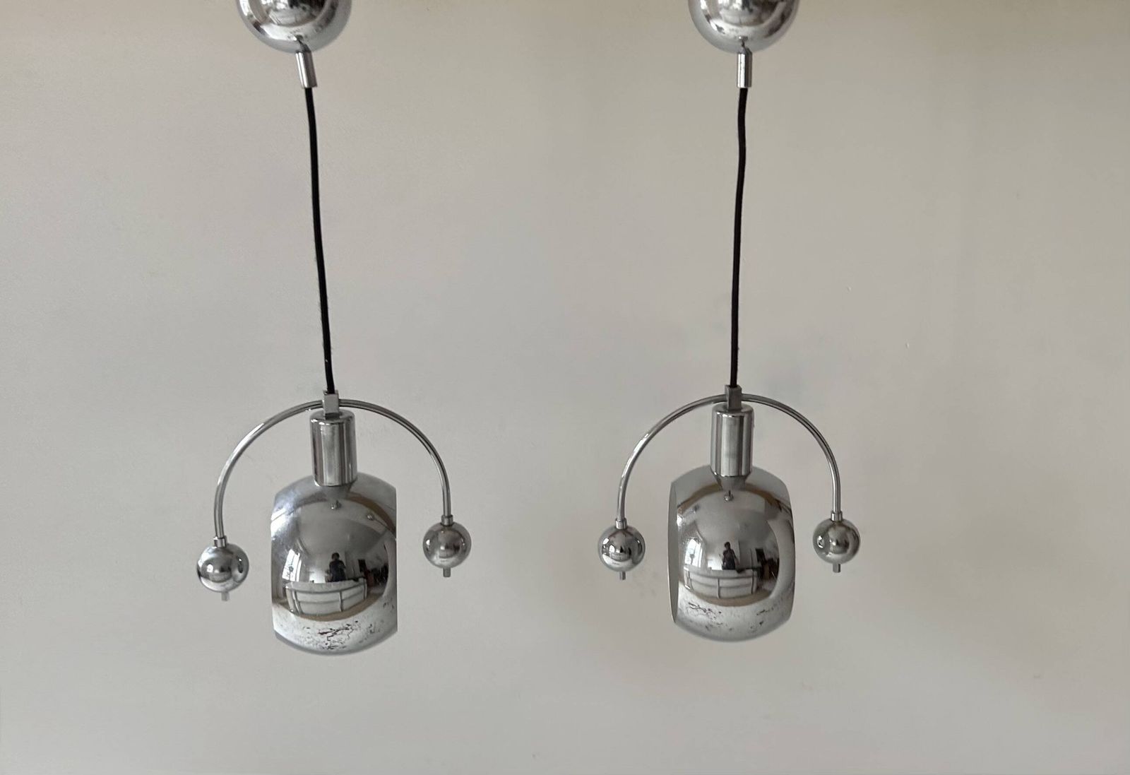 Pair Of Vintage Pendant Lights, Chrome Plated Metal, France 1960 photo vinterior