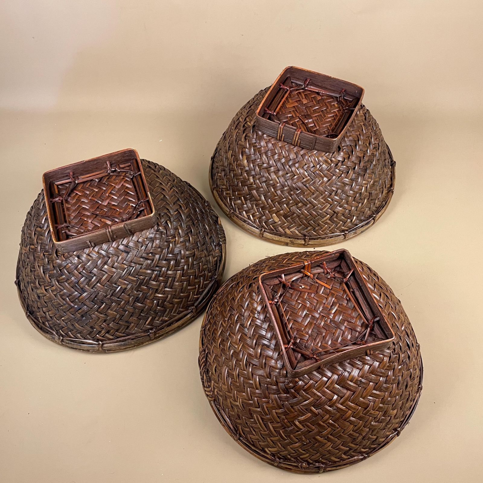 Set Of 3 Indonesian Bamboo Woven Display Bowls Basket Round Brown Bowl Table Display Decorative Brown Handmade Circular Fruit Boho photo for sale