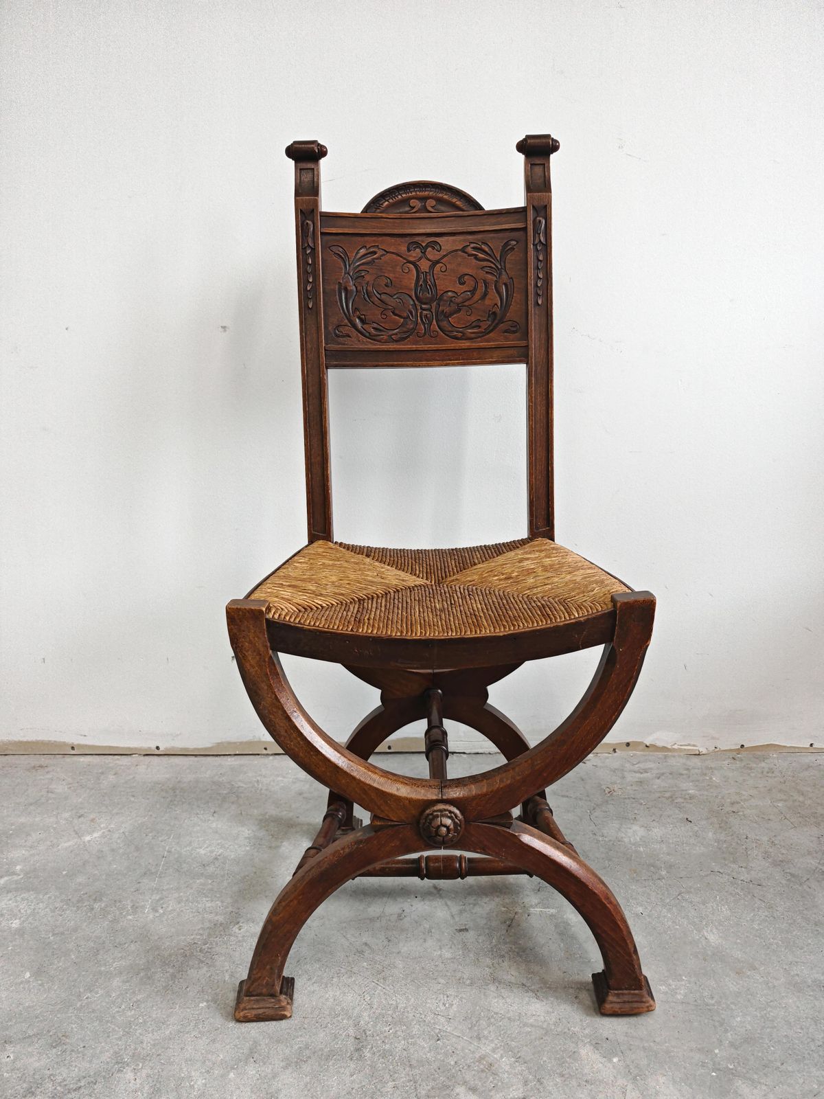 Pair Of Neo Renaissance Side Chairs In Oak With Rush Seats, France 1910s photo for sale