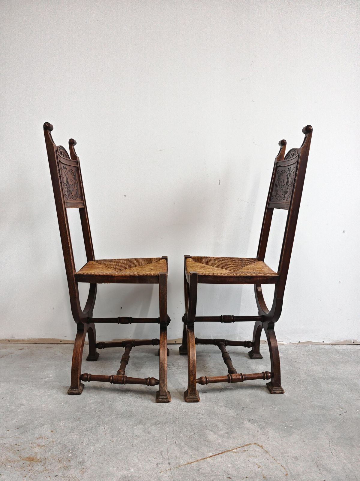 Furniture Pair Of Neo Renaissance Side Chairs In Oak With Rush Seats, France 1910s photo