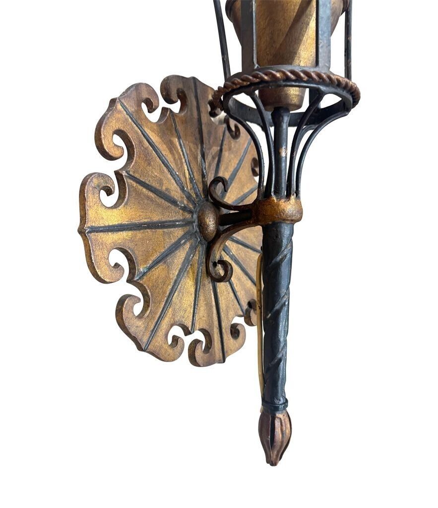 photo for sale A Large Pair Of Italian 1940s Torchiere Gilt And Black Metal Wall Sconces