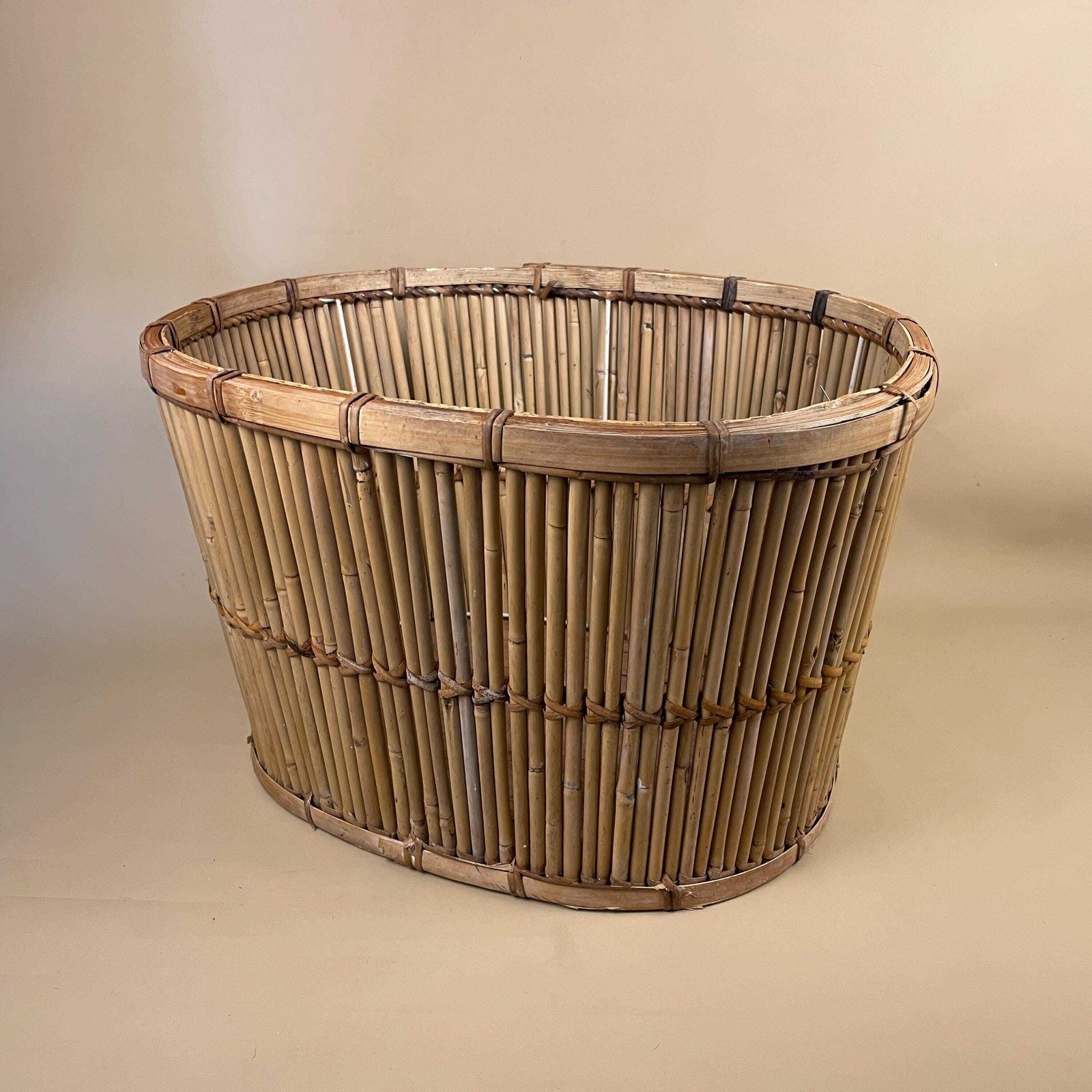 Vintage Bamboo Oval Basket Plant Pot Planter Woven Wicker Brown Antique Storage Farmhouse Cottage Decor Display Handmade Toy Logs photo furniture