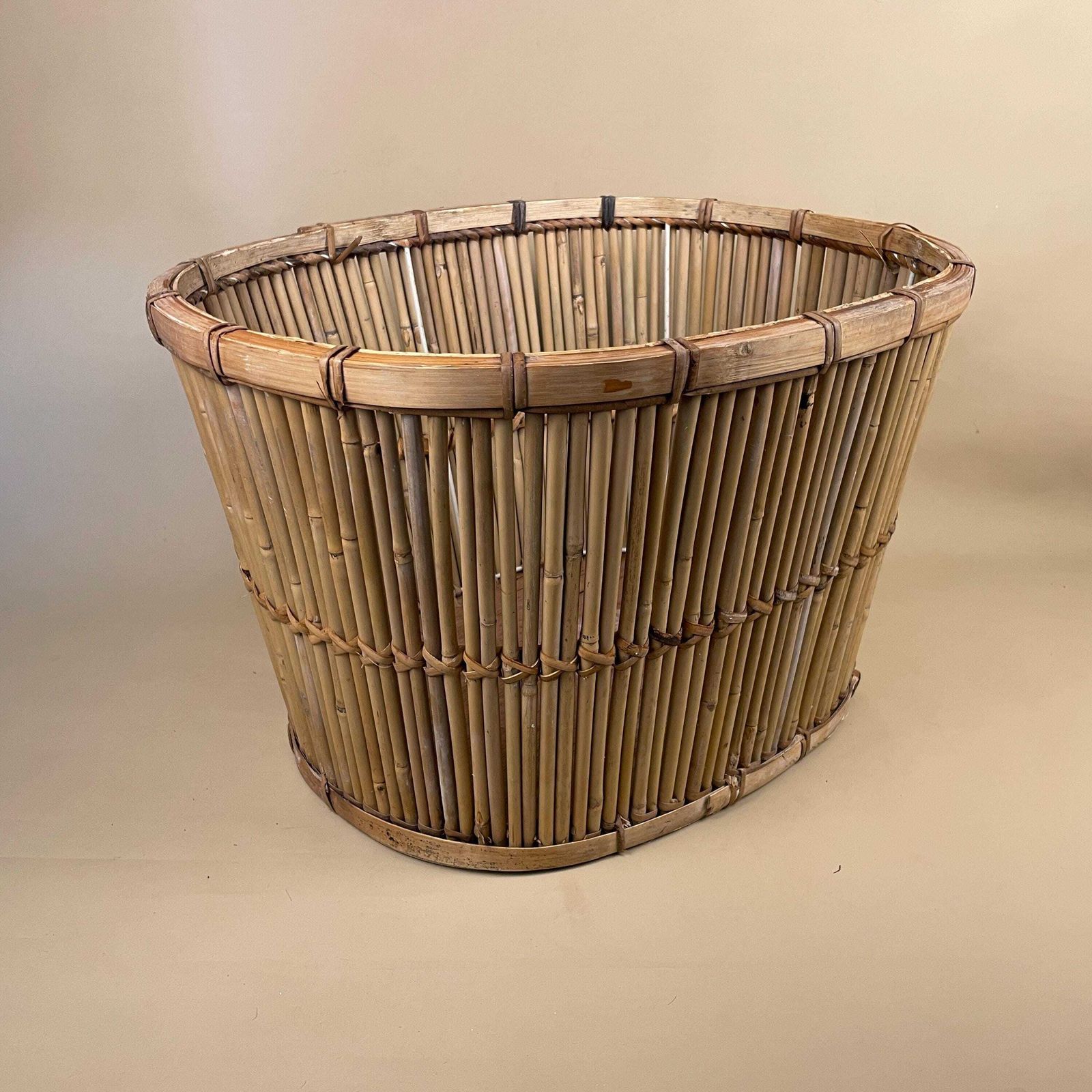 photo for sale Vintage Bamboo Oval Basket Plant Pot Planter Woven Wicker Brown Antique Storage Farmhouse Cottage Decor Display Handmade Toy Logs