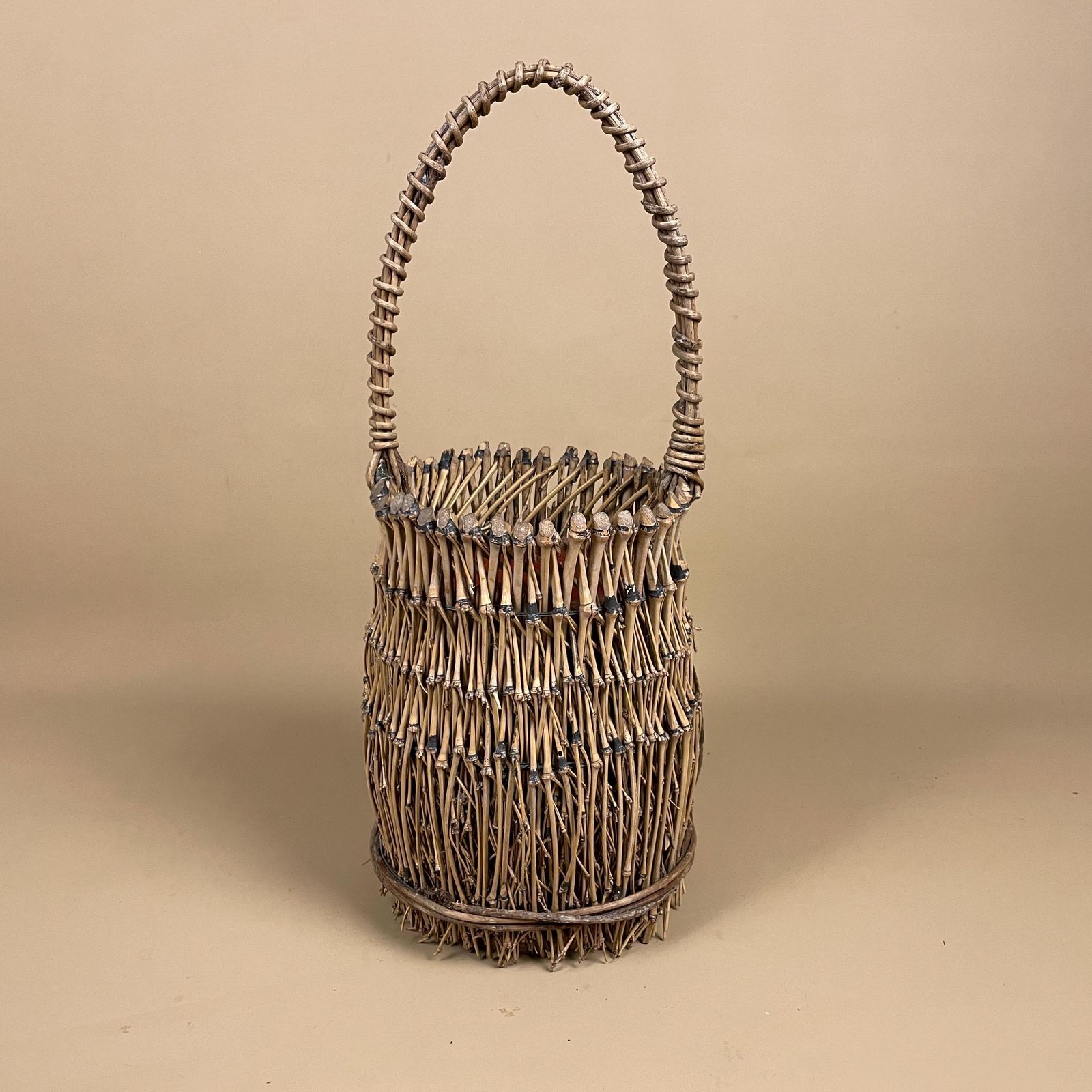 Vintage Round Basket Woven Wicker Brown Antique Planter Farmhouse Cottage Decor Twigs Single Handle Handmade Plant Pot