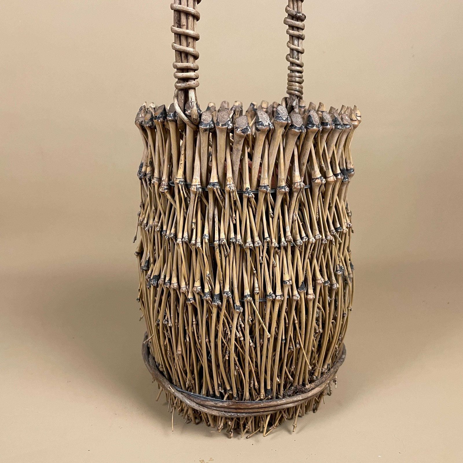 Vintage Round Basket Woven Wicker Brown Antique Planter Farmhouse Cottage Decor Twigs Single Handle Handmade Plant Pot photo buy