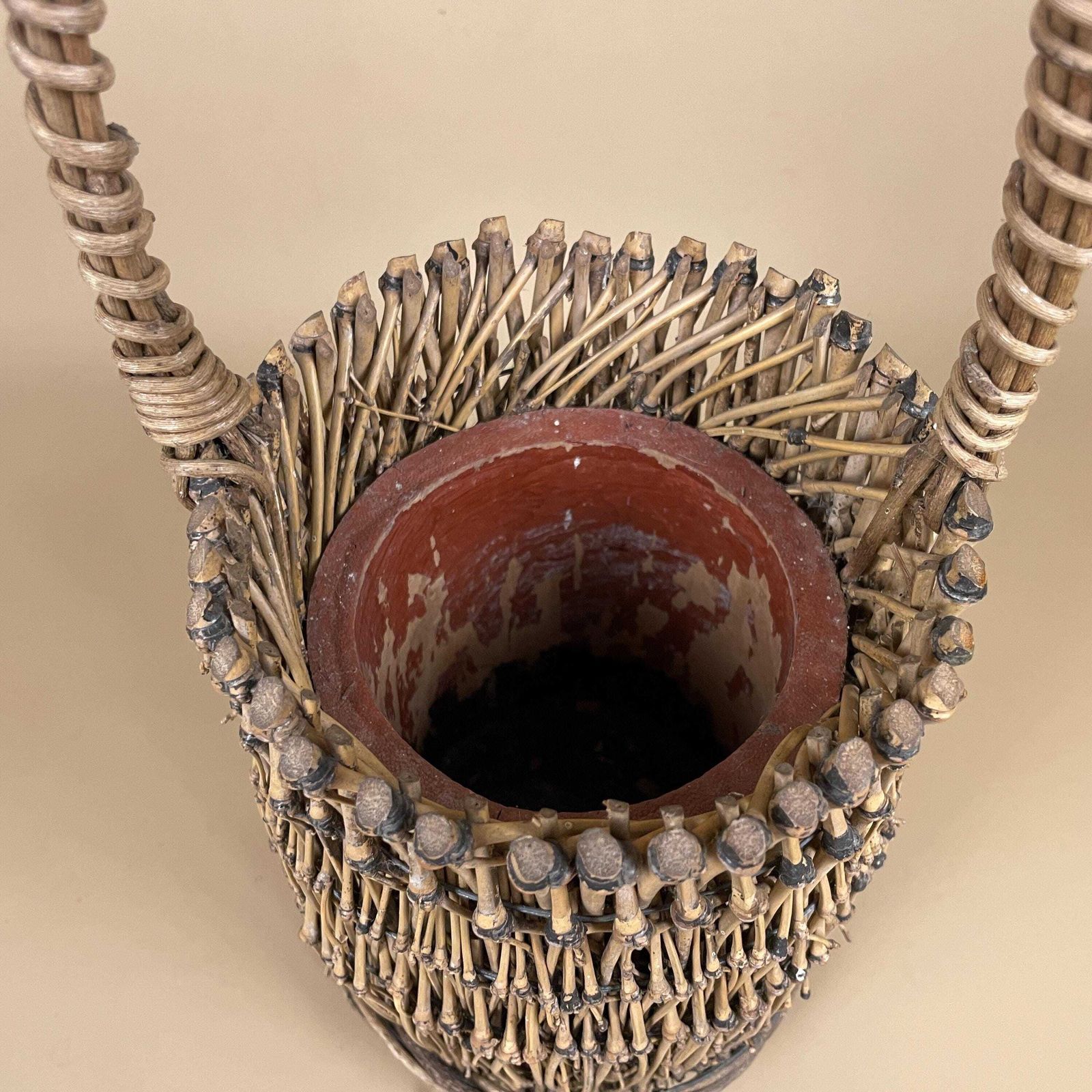 photo for sale Vintage Round Basket Woven Wicker Brown Antique Planter Farmhouse Cottage Decor Twigs Single Handle Handmade Plant Pot