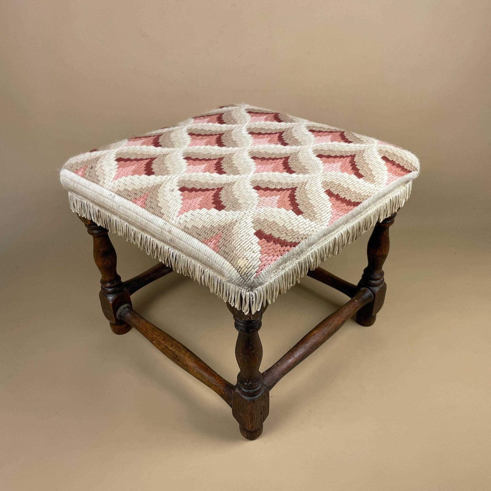 Vintage Upholstered Footstool Pink Cream Retro Pattern Fringe Trim Wooden Frame Mid Century Small Stool Upholstered Ottoman Cottage Decor photo buy