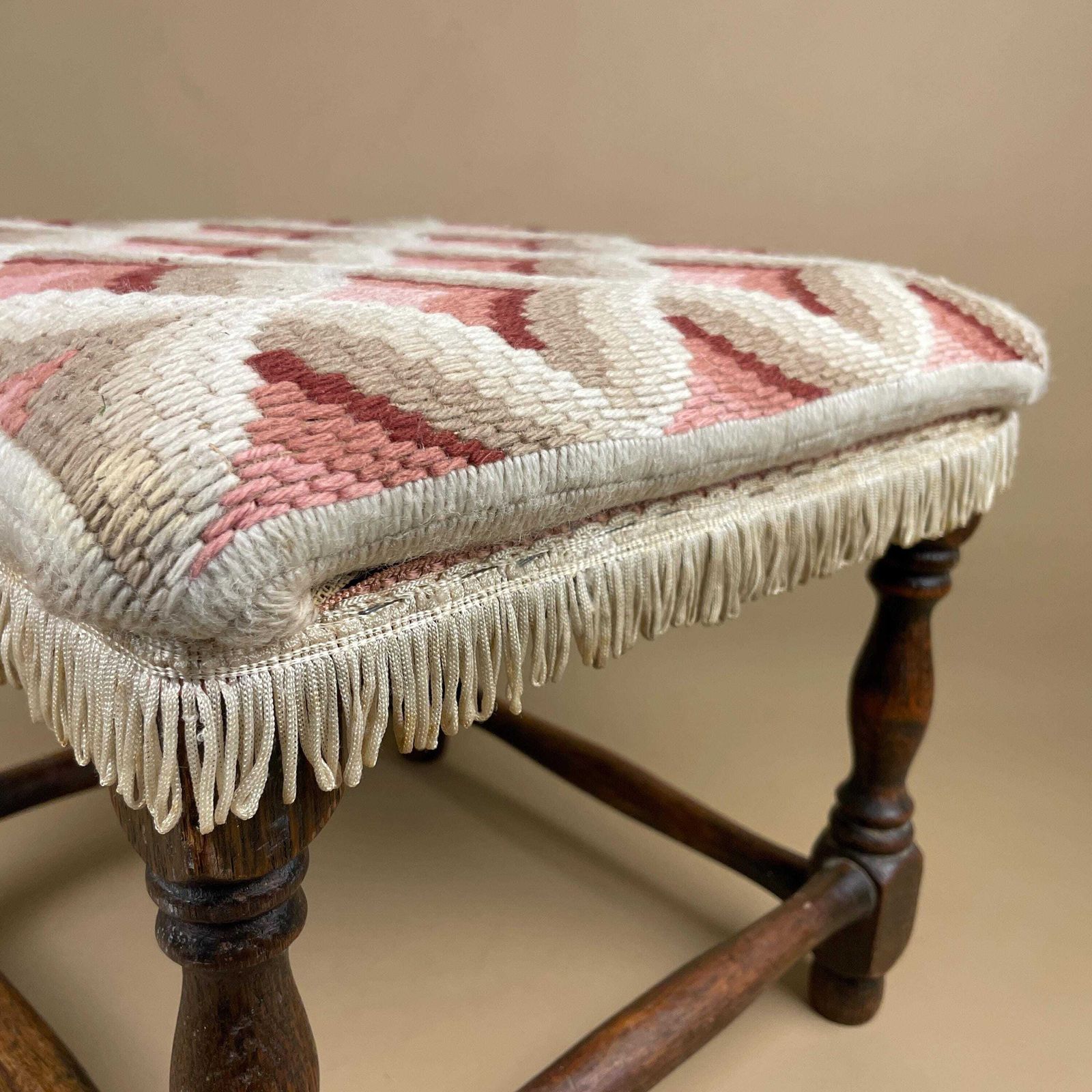 Vintage Upholstered Footstool Pink Cream Retro Pattern Fringe Trim Wooden Frame Mid Century Small Stool Upholstered Ottoman Cottage Decor photo vintage