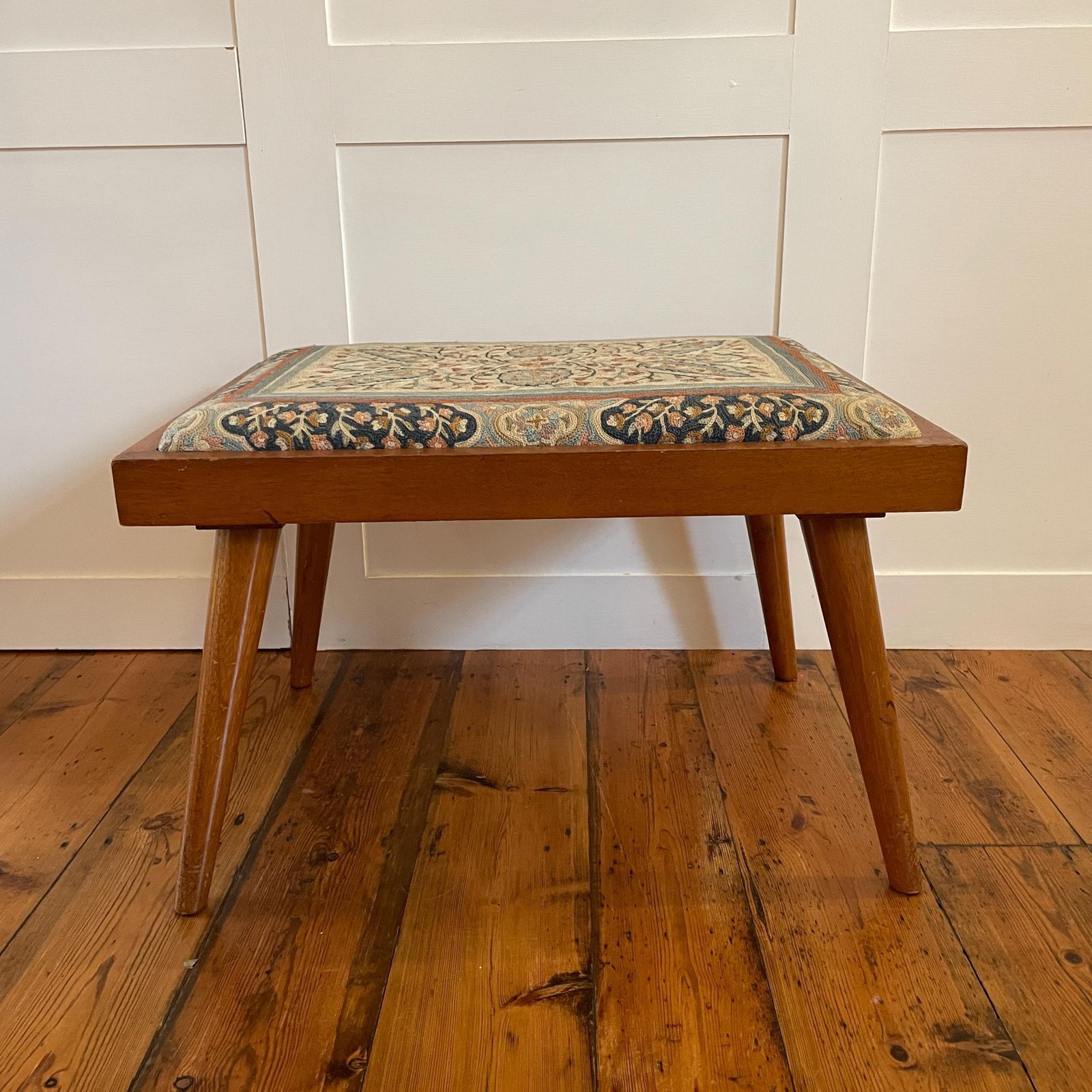 Vintage Hallway Seat Needlepoint Upholstery Dressing Table Or Piano Bench Stool Wooden Frame Floral Motif Mid Century Tapered Legs photo for sale