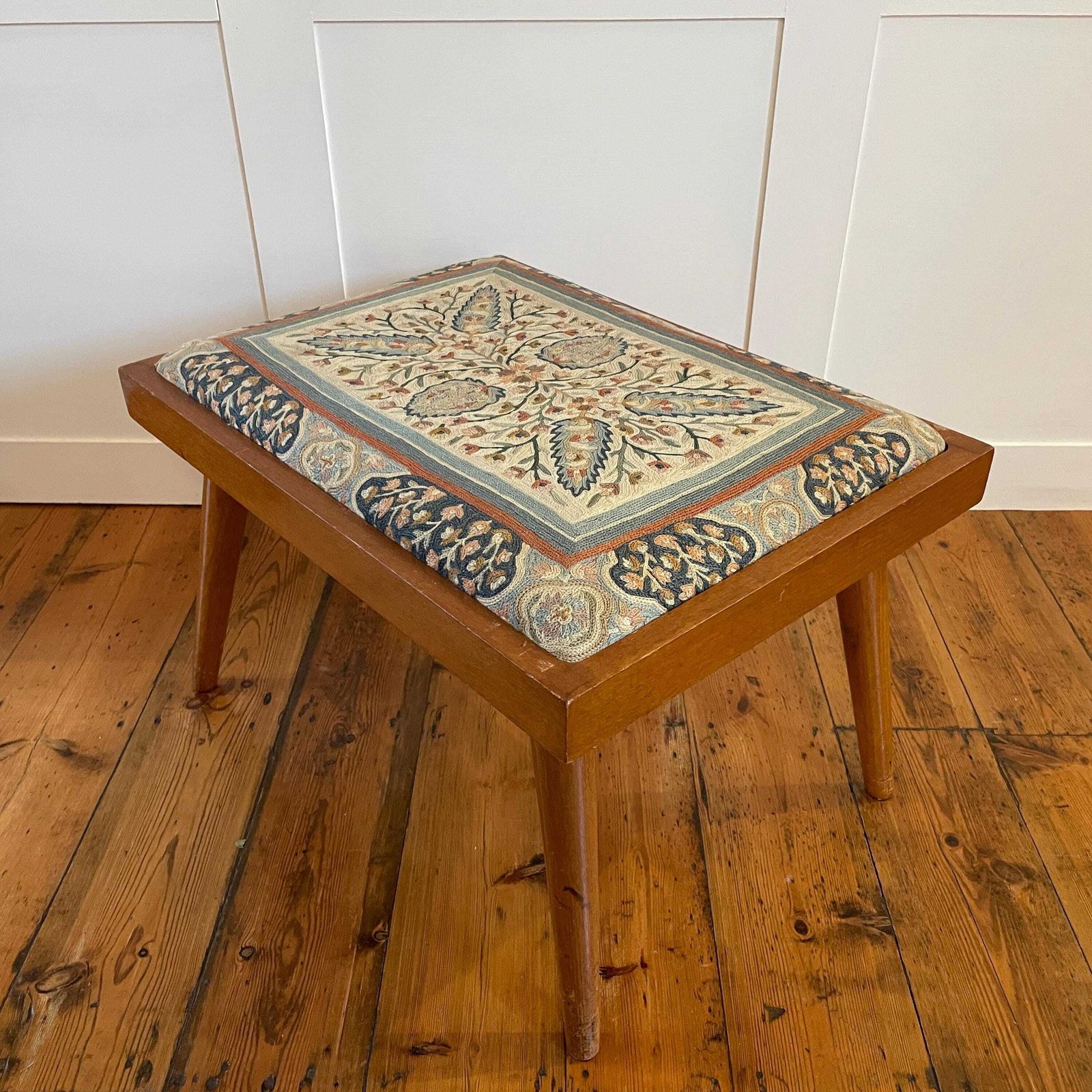 Vintage Hallway Seat Needlepoint Upholstery Dressing Table Or Piano Bench Stool Wooden Frame Floral Motif Mid Century Tapered Legs photo Furniture