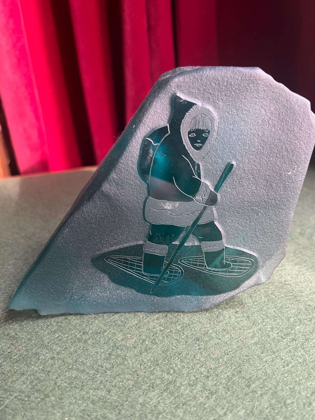 Siku Signed Native Inuit Frosted Etched Art Glass Sculpture Paperweight. Blue Sea Glass Canadian Folk Art.