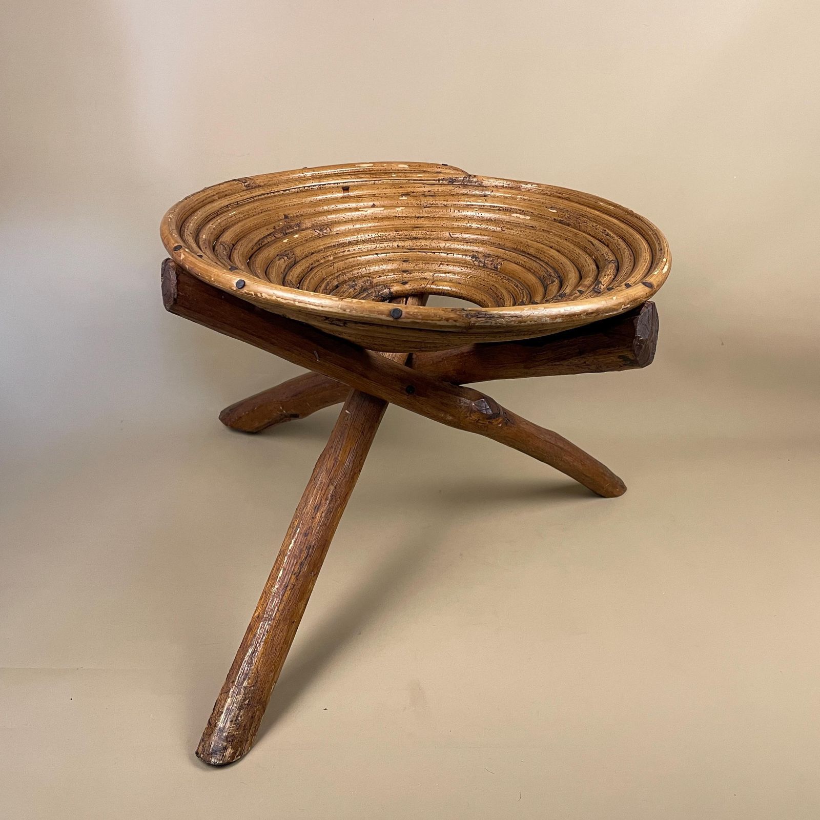 Vintage Bentwood Accent Stool Seat Stand Rustic Handcrafted Tripod Mid Century Folk Art Sculptural Stool Boho Farmhouse Decor Plant Stand photo vinterior
