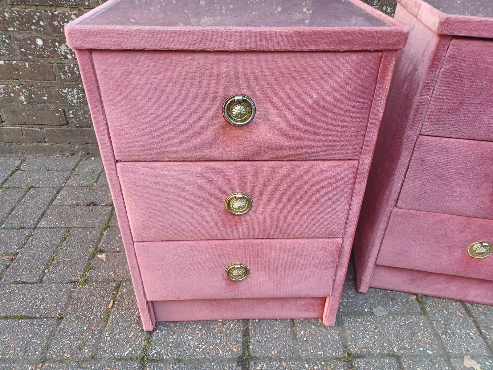 photo for sale Pair Of Vintage Pink Velvet 3 Drawer Bedside Tables, Retro Eccentric Nightstands Brass Handles, Hollywood Regency Bedroom Decor Glass Tops