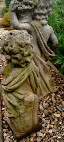 Two Large Aged Weathered Stone Classical Figure Cherub Pan Garden Statue Sculpture photo furniture