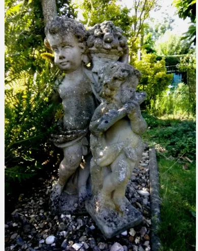 Two Large Aged Weathered Stone Classical Figure Cherub Pan Garden Statue Sculpture photo for sale