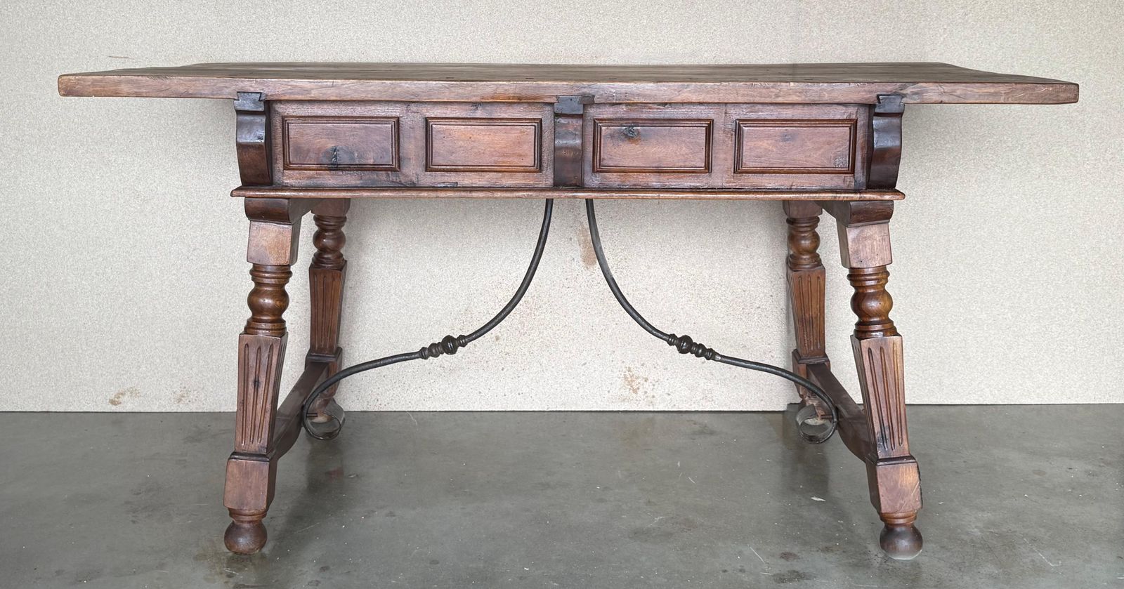 19th Century Solid Oak Baroque Fluted Legs Desk Writing Table Or Console photo vinterior