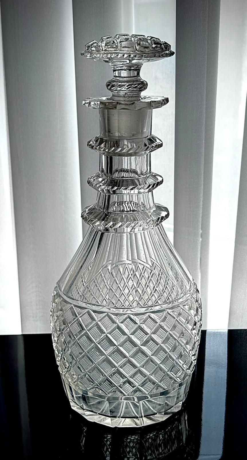 Georgian Hand Cut Glass Decanter, Strawberry Diamond & Fluted Design, C.1820–1835 photo vintage