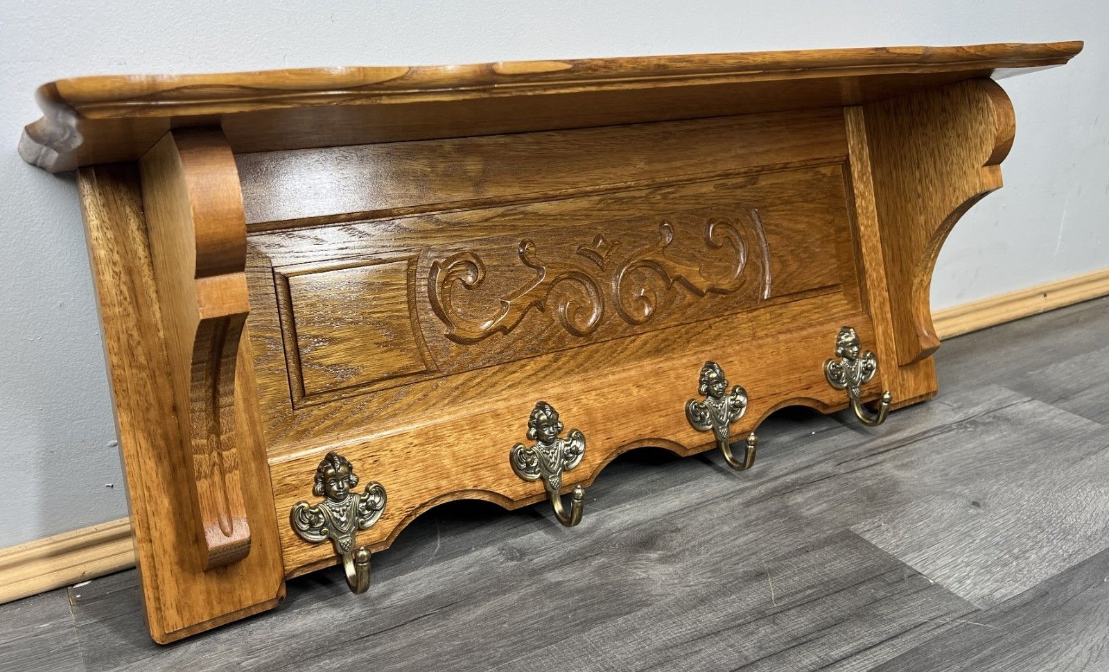 French Vintage Coat Rack Oak 4 Hooks Wall Shelf Carved Coat Hanger Lot 4239 photo for sale