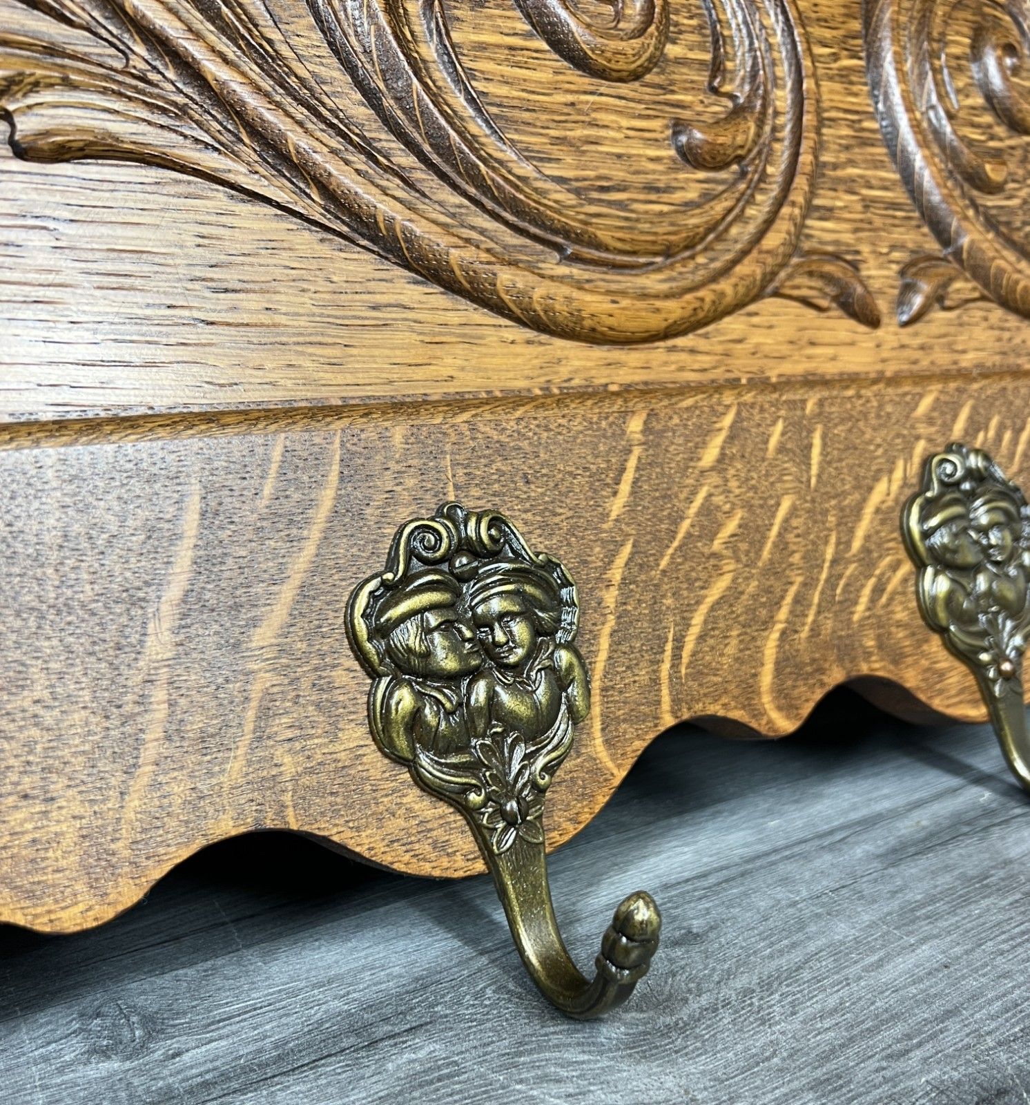 French Vintage Coat Rack Oak 7 Hooks Ornate Wall Shelf Carved Coat Lot 4238 photo vinterior