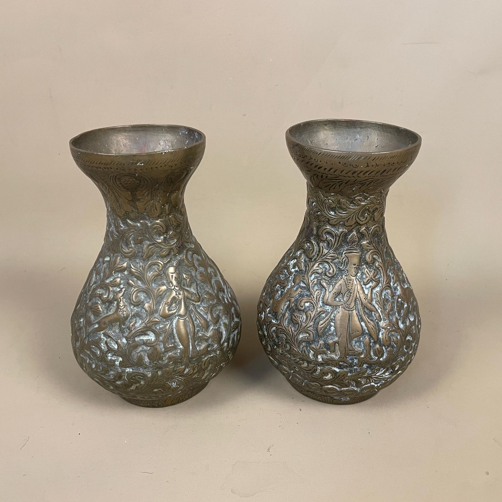 Pair Of Antique Metal Gold Indian Patterned Brass Vase Pot Planter Jardiniere Asian Handmade Engraved Etched Intricate Vintage Decorative