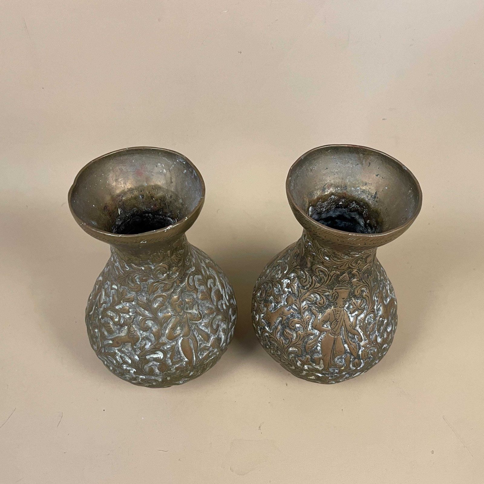 Pair Of Antique Metal Gold Indian Patterned Brass Vase Pot Planter Jardiniere Asian Handmade Engraved Etched Intricate Vintage Decorative photo 75.0