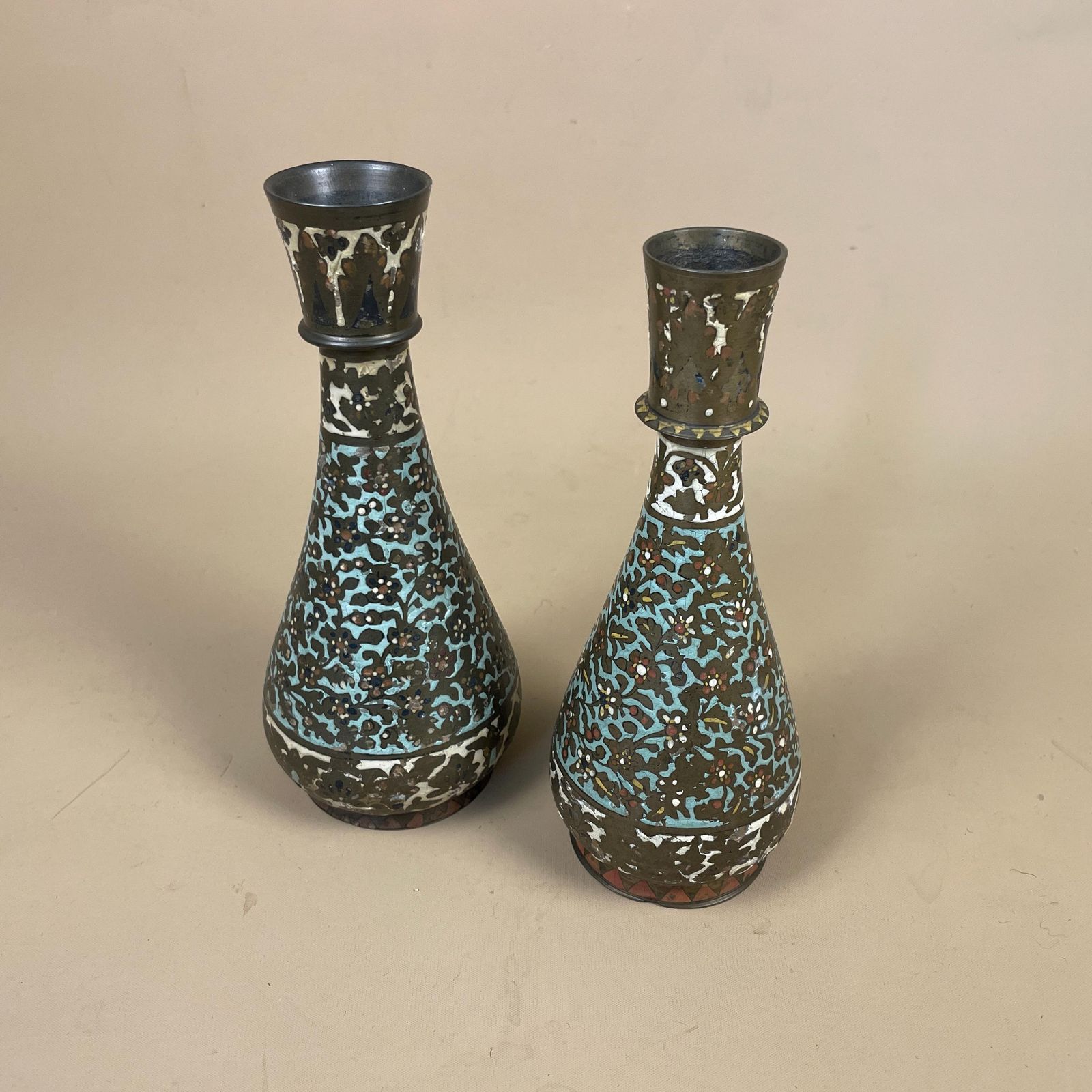 Pair Of Antique Metal Gold Indian Patterned Brass Vase Pot Planter Jardiniere Asian Handmade Engraved Enamel Intricate Vintage Decorative