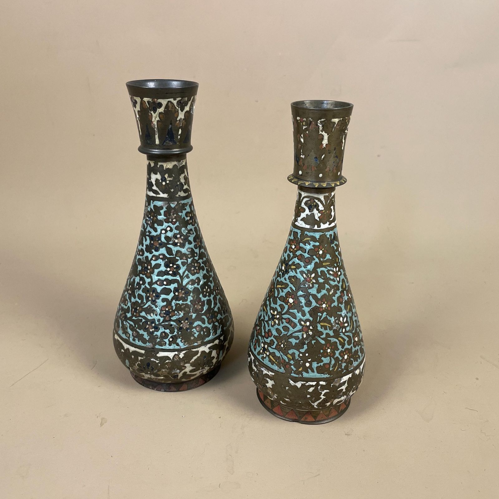 Pair Of Antique Metal Gold Indian Patterned Brass Vase Pot Planter Jardiniere Asian Handmade Engraved Enamel Intricate Vintage Decorative photo Home Decor