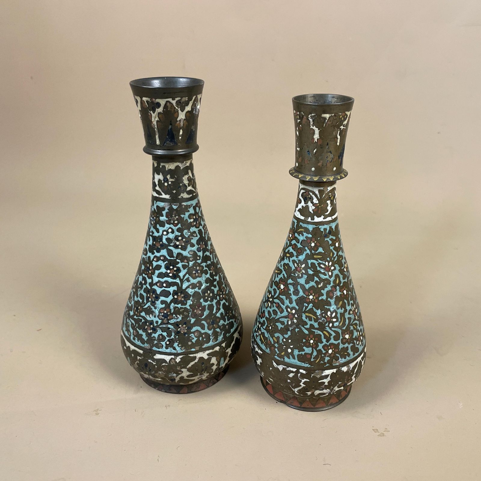 Pair Of Antique Metal Gold Indian Patterned Brass Vase Pot Planter Jardiniere Asian Handmade Engraved Enamel Intricate Vintage Decorative photo vintage