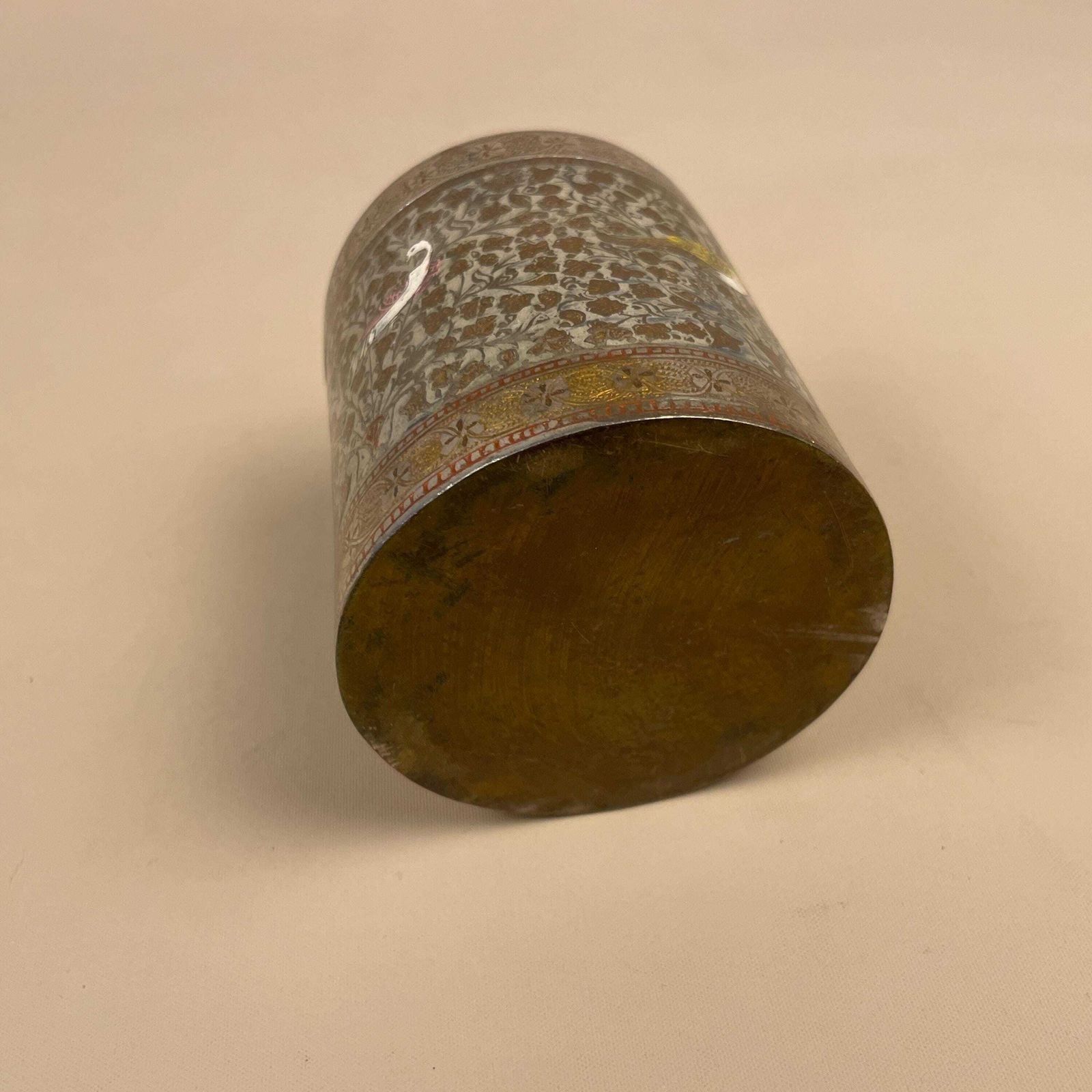 photo furniture Antique Metal Gold Indian Patterned Brass Pot Lidded Lid Cylinder Asian Round Handmade Engraved Intricate Vintage Decorative Traditional