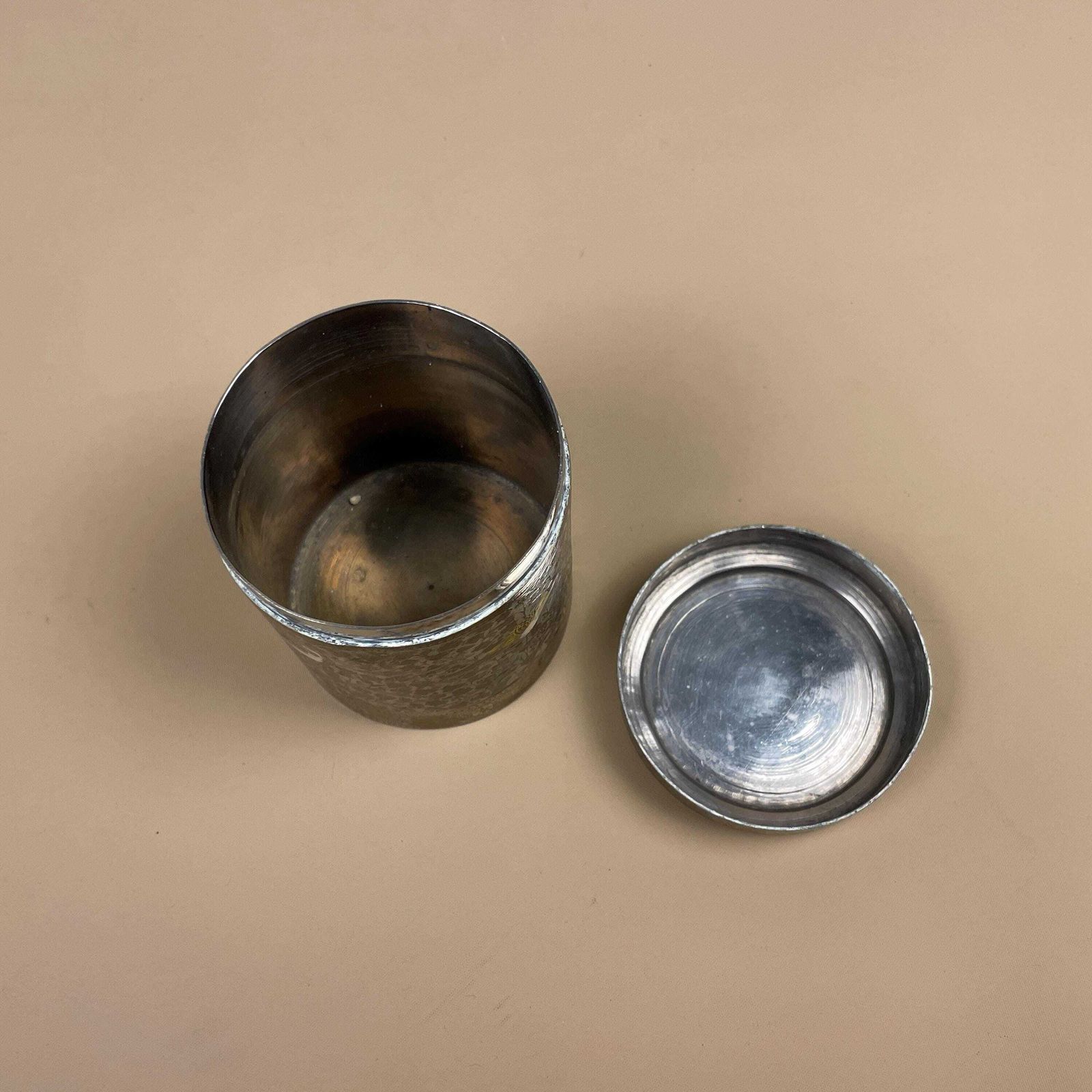 photo for sale Antique Metal Gold Indian Patterned Brass Pot Lidded Lid Cylinder Asian Round Handmade Engraved Intricate Vintage Decorative Traditional