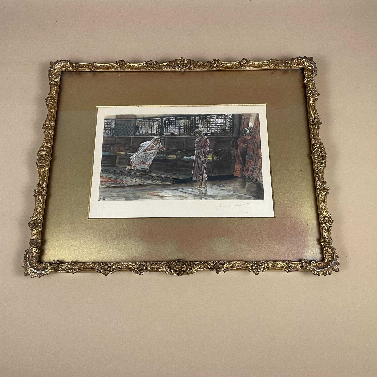 James Tissot “Jesus Before The High Priest” Hand Coloured Engraving Picture Wall Decor Antique Biblical Print Early 1900s Ornate Gilt Frame photo furniture
