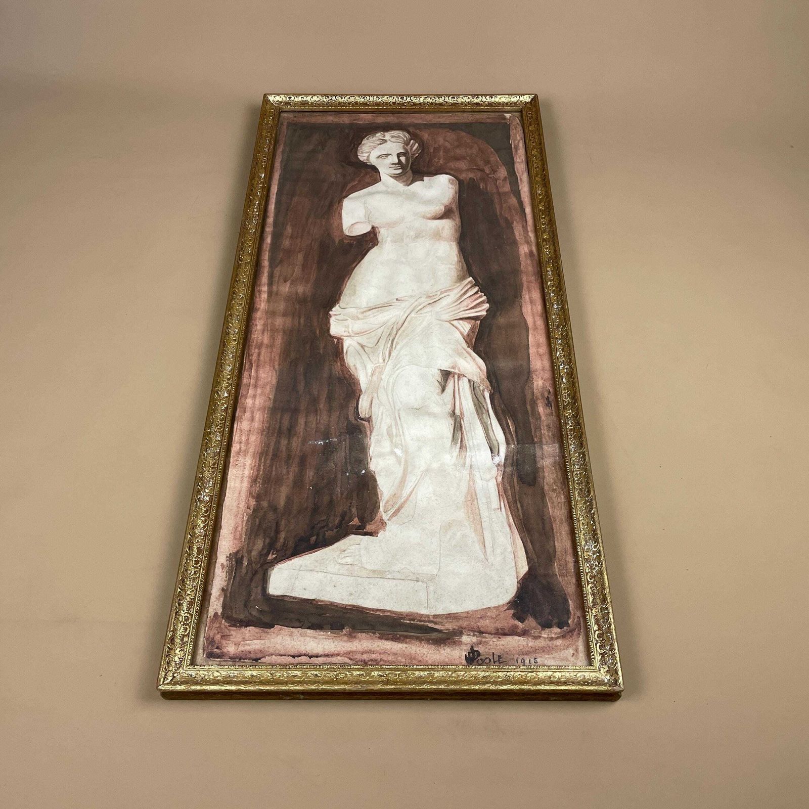 Antique Watercolour Drawing Venus De Milo Statue Classical Art Framed 1915 Picture Sepia Toned Decorative Artwork 1915 Gold Gilt Frame