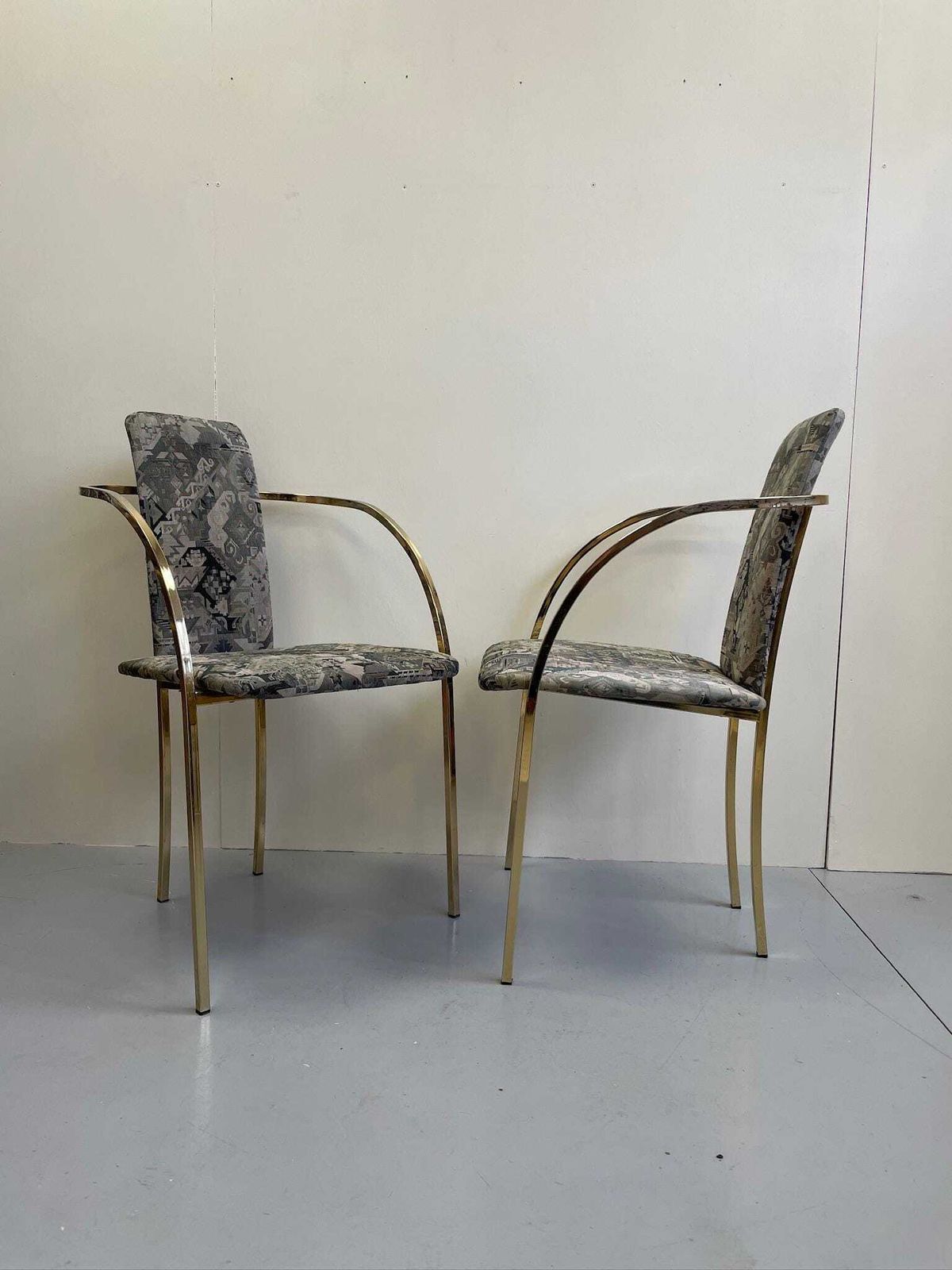 photo for sale Set Of 6 Hollywood Regency Thin Metal Dining Chairs With Gold Accents 70s 80s Glam