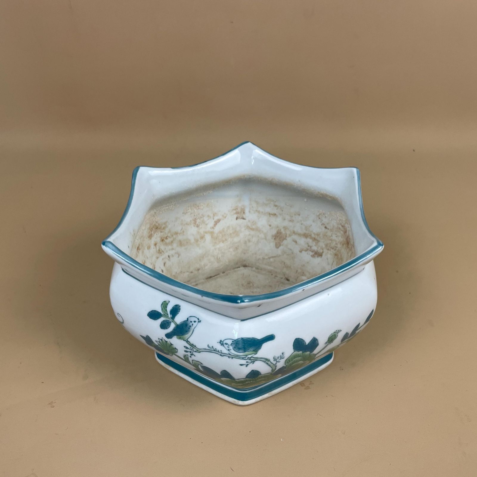 Vintage Ceramic Planter Pot Bird Floral Design Scalloped Rim Japanese Cachepot Hand Painted Vase Green White Table Bowl Display photo for sale