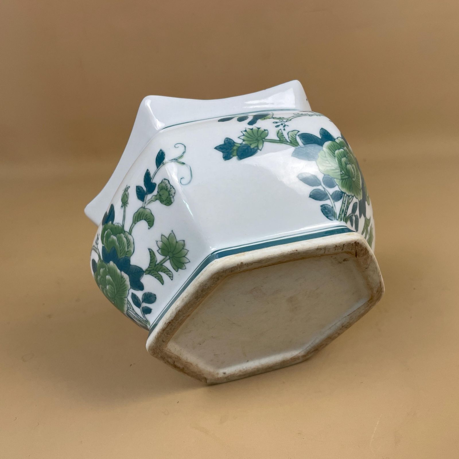 Vintage Ceramic Planter Pot Bird Floral Design Scalloped Rim Japanese Cachepot Hand Painted Vase Green White Table Bowl Display photo buy