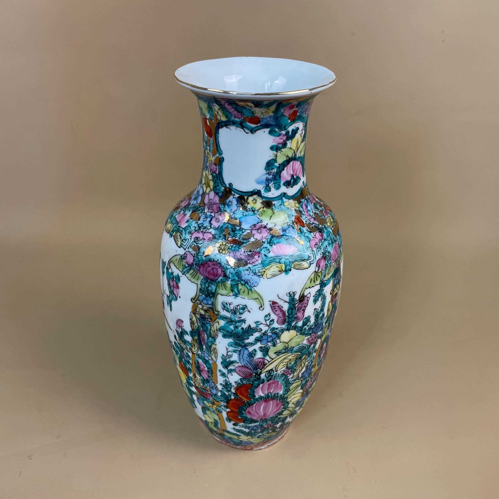 Vintage Oriental Ceramic Vase Floral Butterfly Design Hand Painted Chinese Porcelain Mid Century Asian Table Flower Display