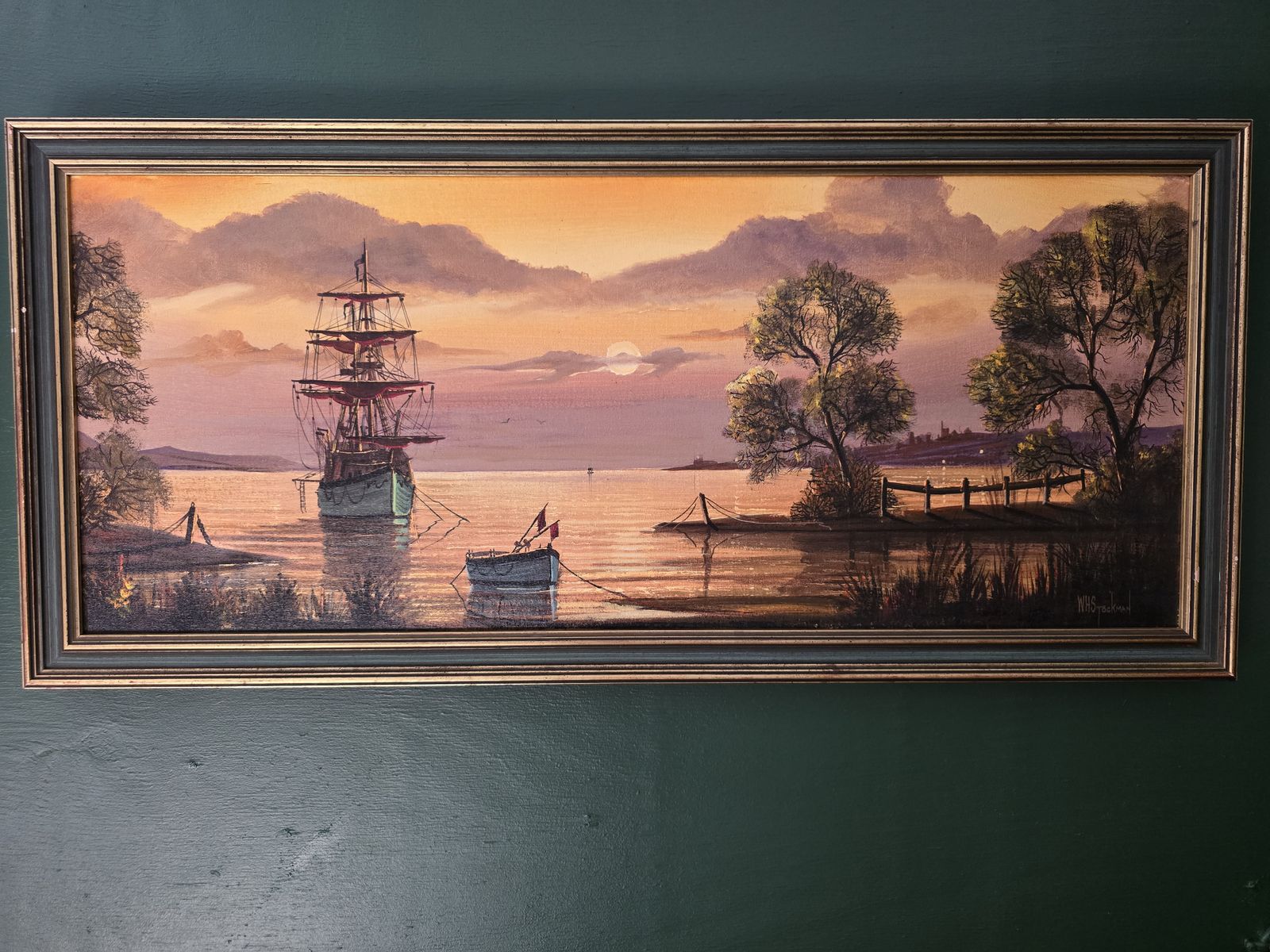 W.H.Stockman Seascape Original Oil Painting – Tall Ship At Sunset photo for sale