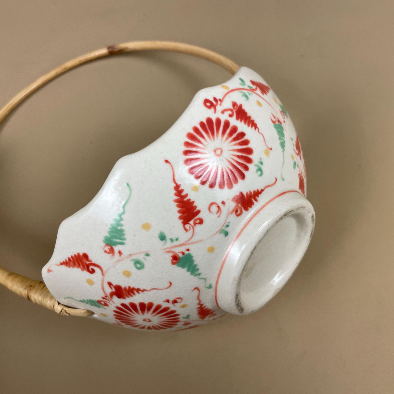 Japanese Ceramic Basket Bowl With Bamboo Handle Red Floral Hand Painted Display Imari Vintage Hand Painted Asian Ceramic Decor Trinket Dish photo vintage