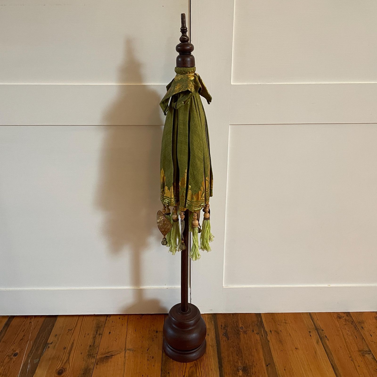 Balinese Green Gold Parasol Umbrella Decorative Tassel Temple Shade Stand Boho Exotic Vintage Decor Handcrafted Bali Art Wooden Base Accent photo for sale